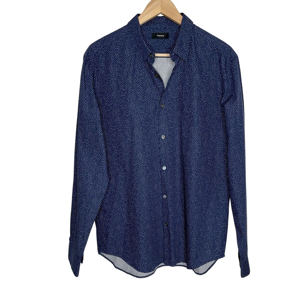 Theory Long Sleeve Button Up Shirt Men Large Blue Printed Cotton Workwear Office